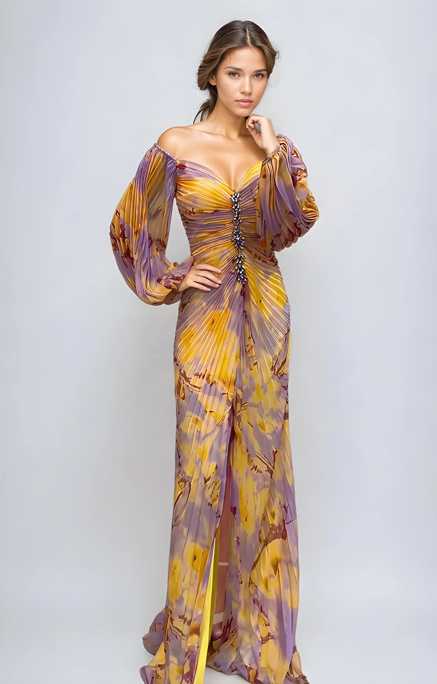 Vestido de invitada de boda largo elegante casual con manga abullonada