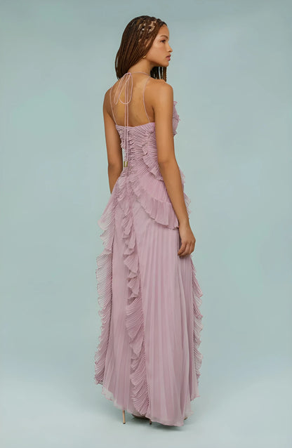 Vestido Invitada Boda Maxi Elegante con Cuello Halter y Plisado
