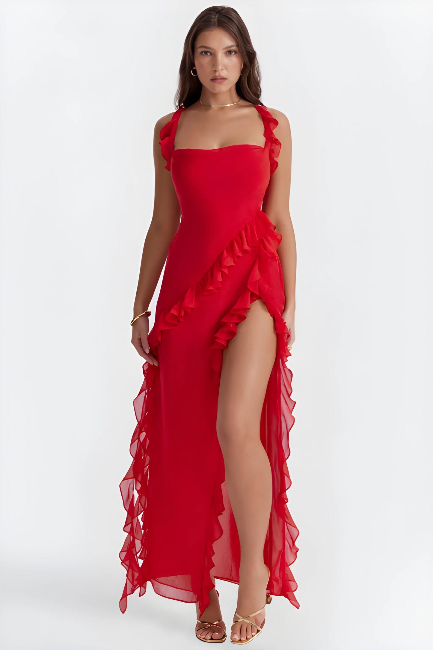 Vestido de invitada de boda largo elegante casual con volantes