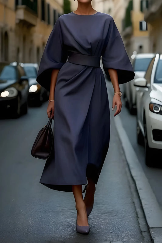 Vestido de invitada de boda midi elegante casual con manga abullonada y lazo