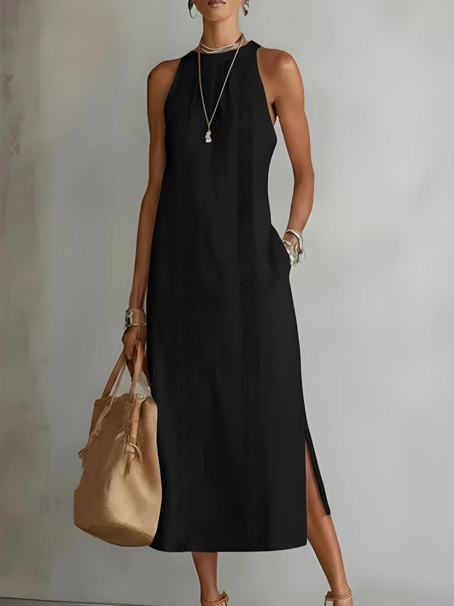 Vestido de verano midi elegante casual con cuello mao