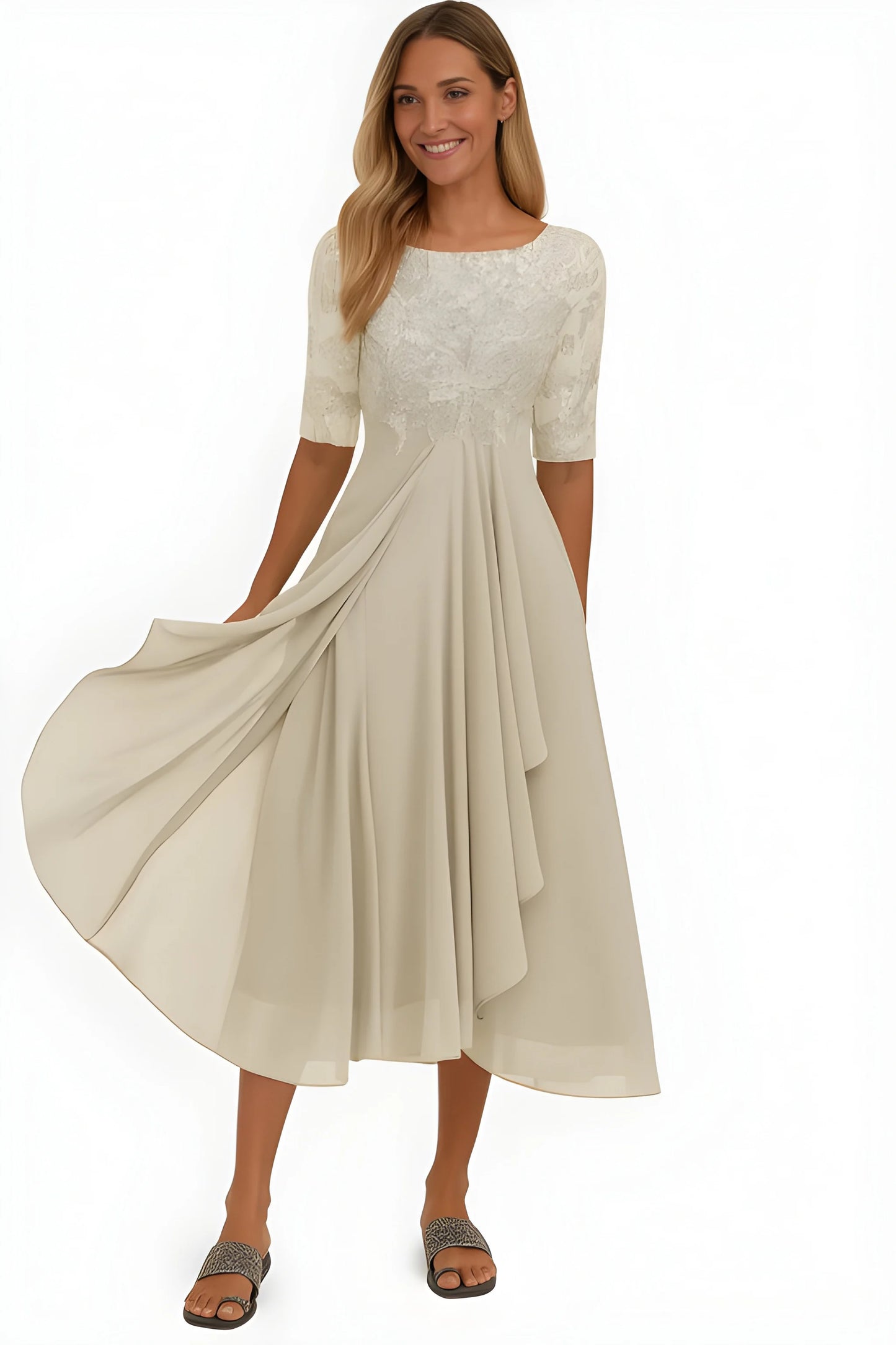 Vestido de invitada de boda midi elegante clásico con manga corta y cuello redondo