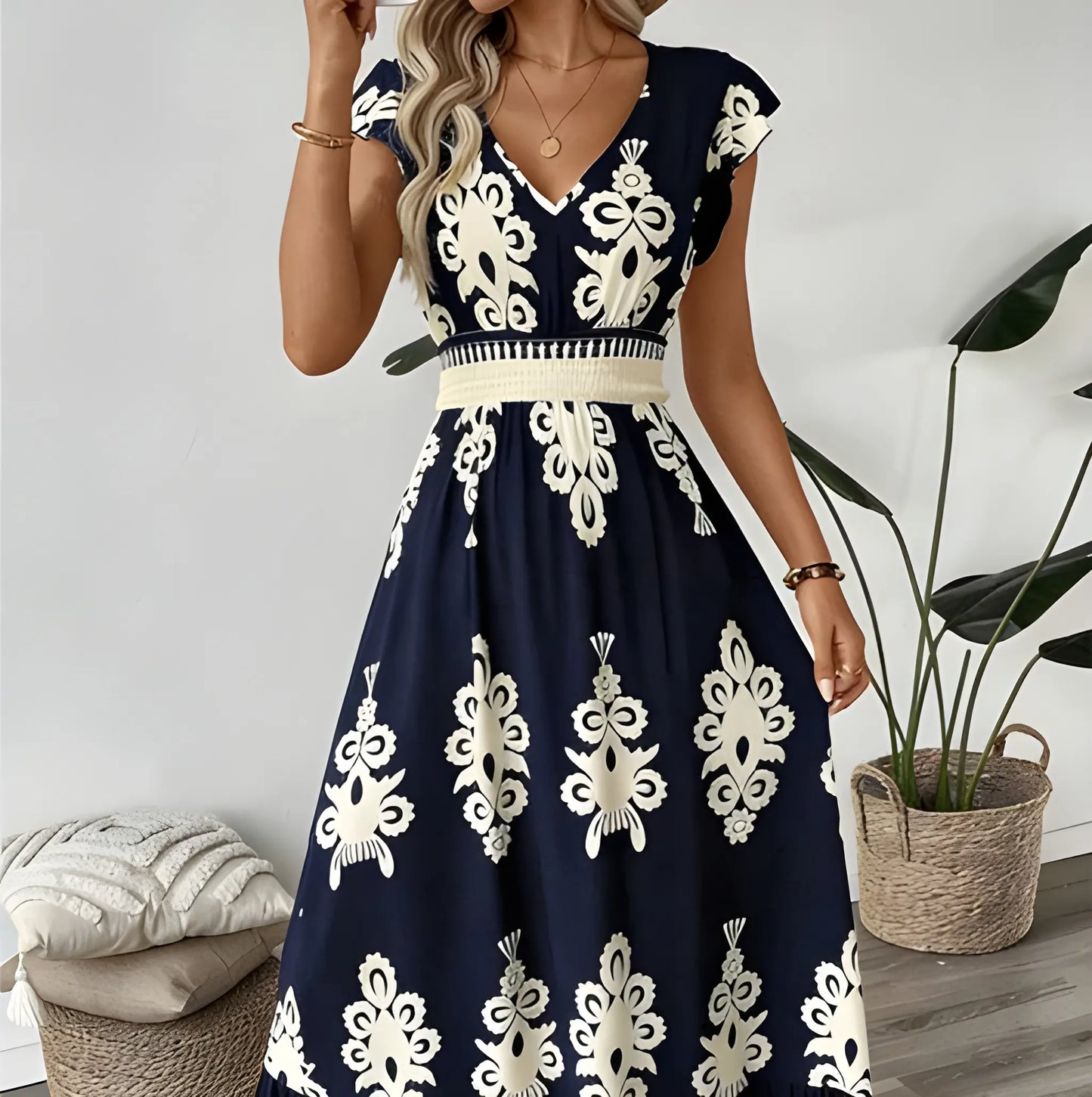 Vestido de verano largo elegante casual con escote en V