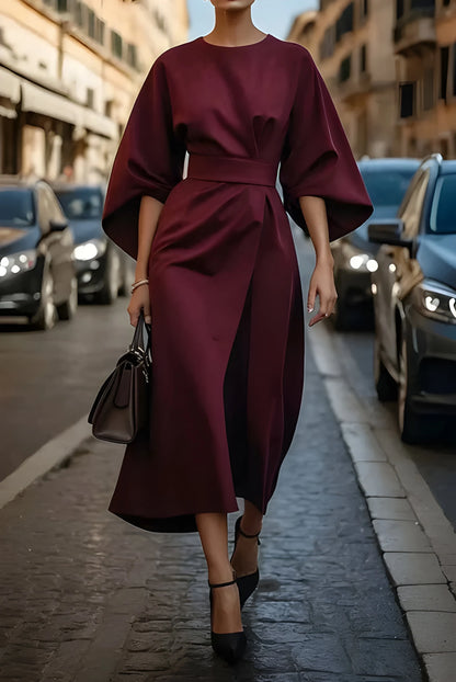 Vestido de invitada de boda midi elegante casual con manga abullonada y lazo