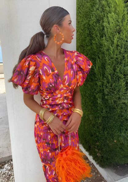Vestido de Verano Midi Estampado Elegante con Manga Abullonada