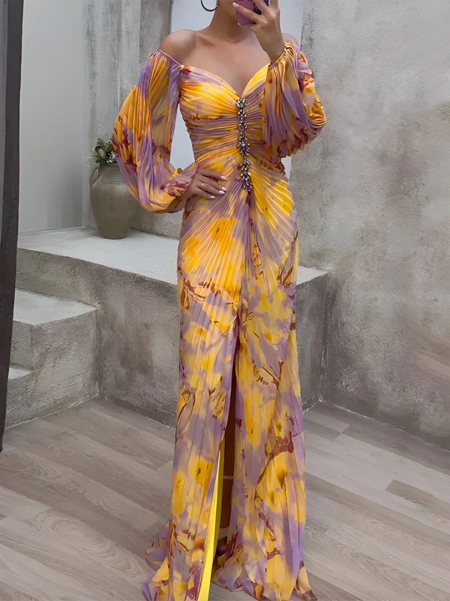Vestido de invitada de boda largo elegante casual con manga abullonada