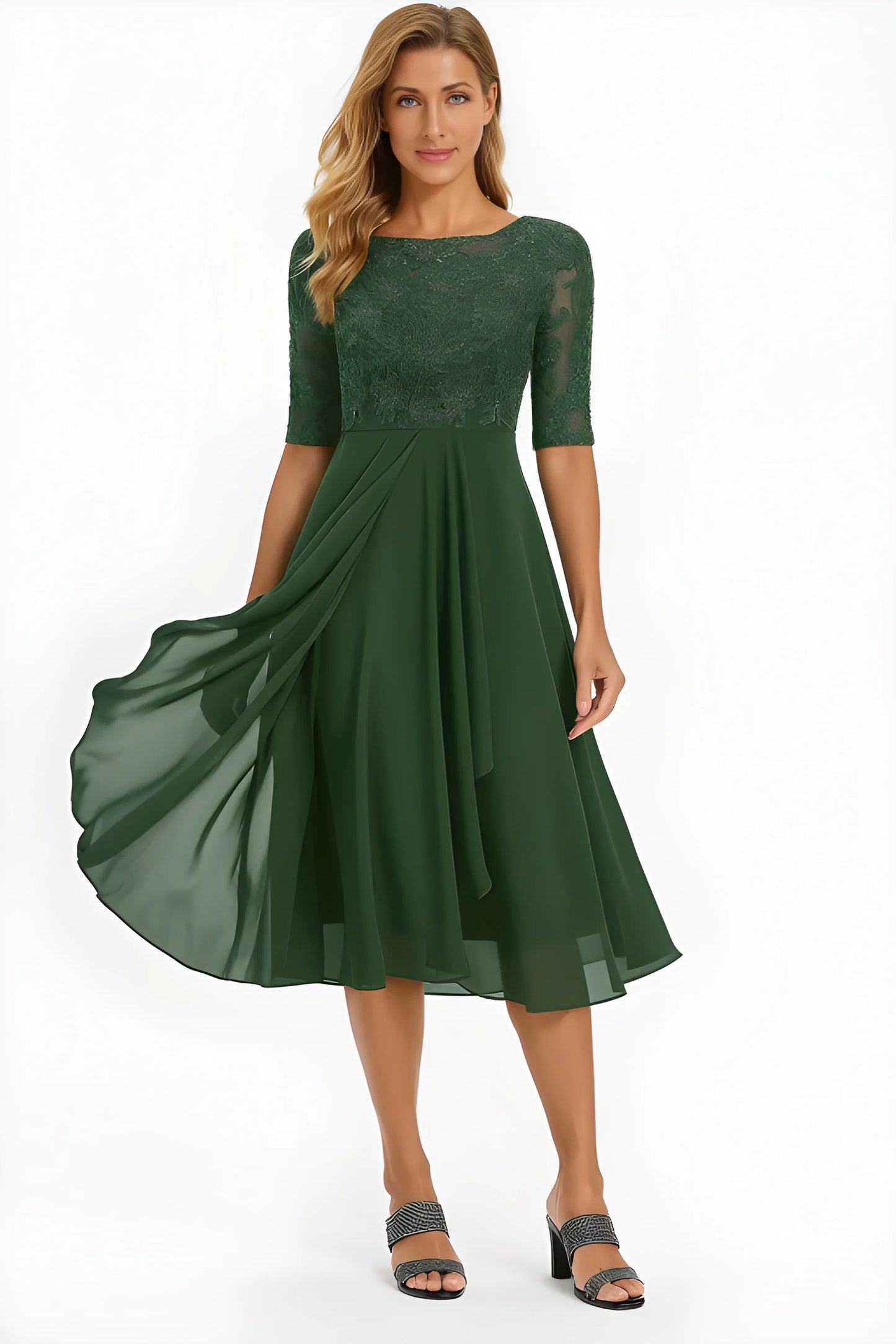 Vestido de invitada de boda midi elegante clásico con manga corta y cuello redondo