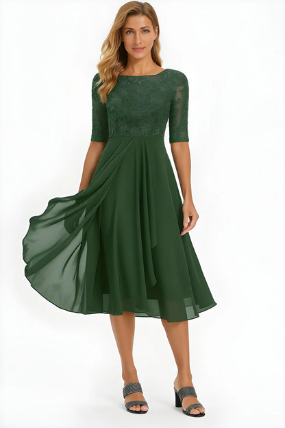 Vestido de invitada de boda midi elegante clásico con manga corta y cuello redondo
