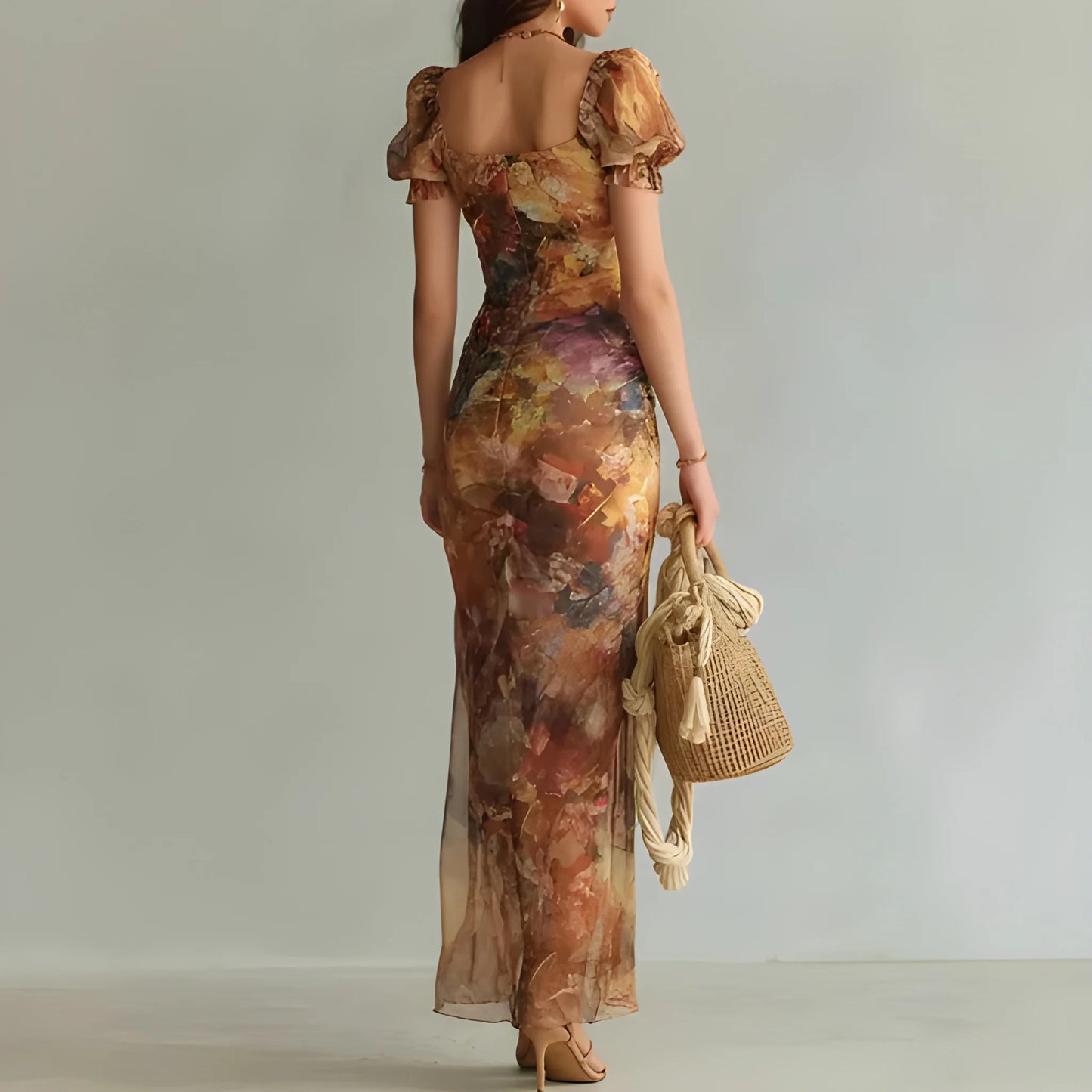 Vestido de invitada de boda largo boho elegante con manga abullonada