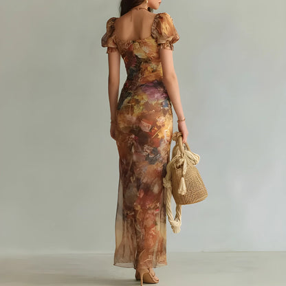 Vestido de invitada de boda largo boho elegante con manga abullonada