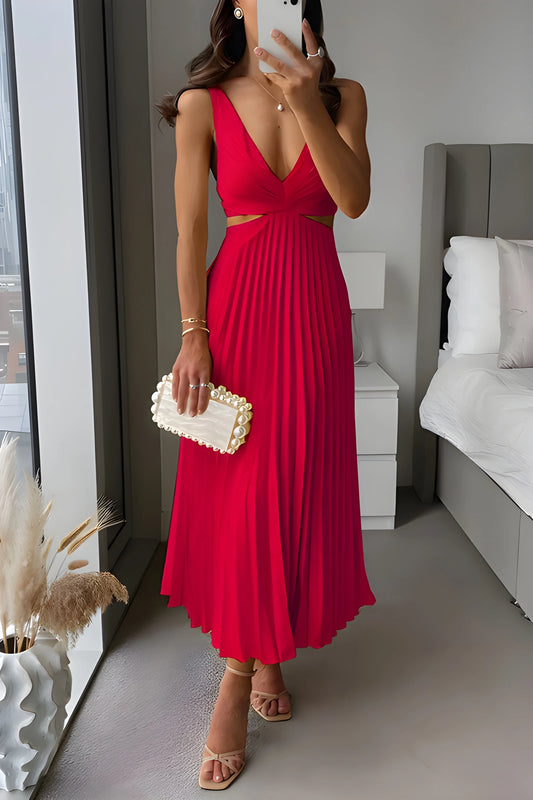 Vestido Invitada Boda Midi Elegante con Cut Out y Plisado