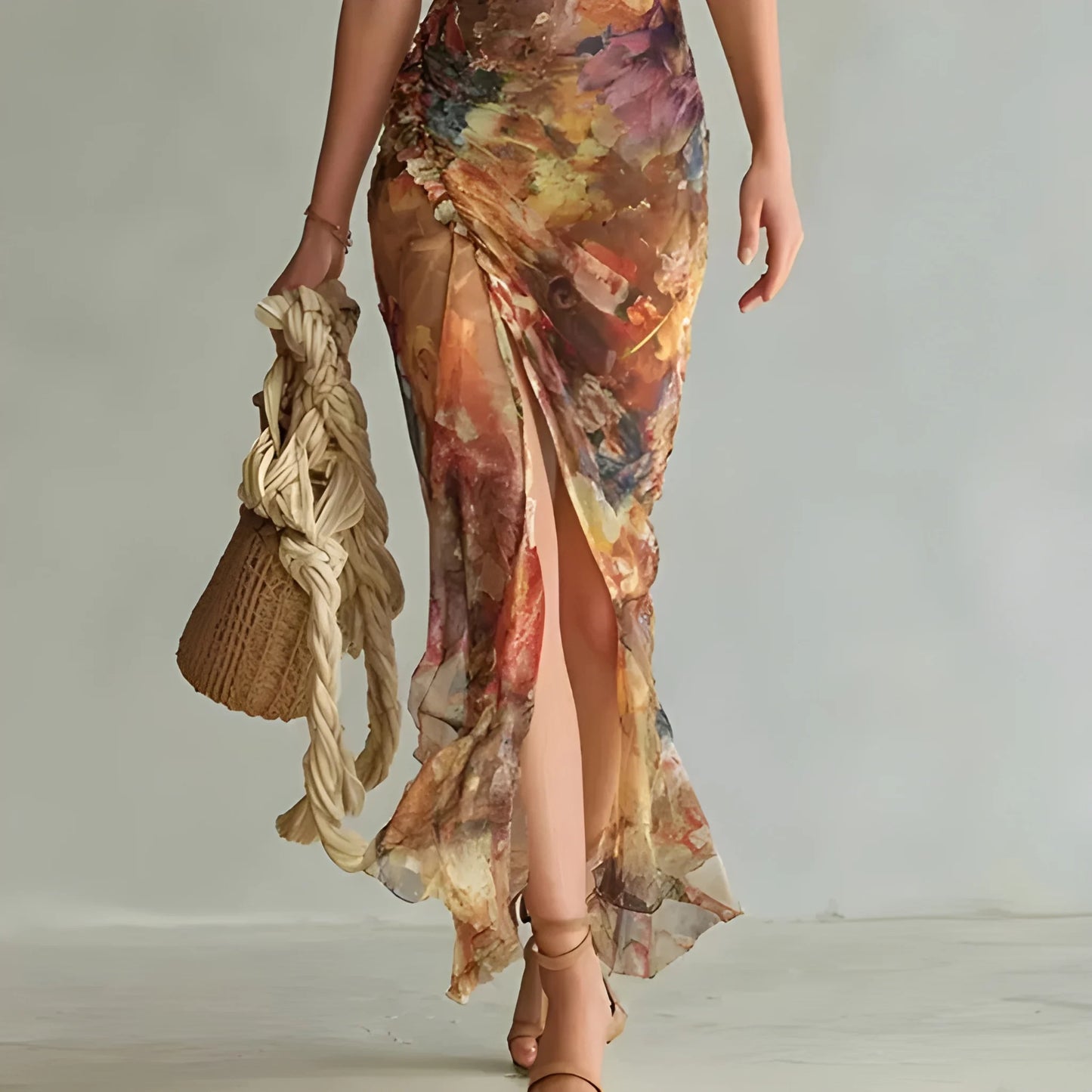 Vestido de invitada de boda largo boho elegante con manga abullonada